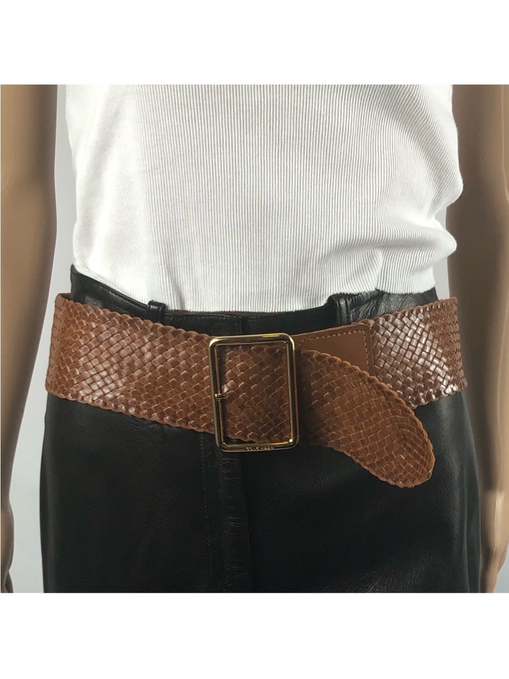 Cole Haan Tan Brown Woven Leather Shiny Belt Gold Buckle